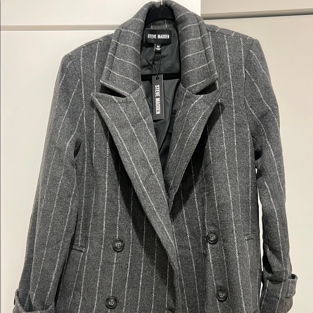 Steve Madden Charcoal Pinstripe Maxi Coat